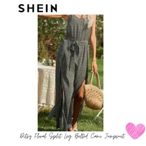 Shein Ditsy Floral Split Leg Belted Cami Jumpsuit